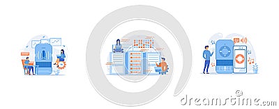 Smart speaker used by office workers, Database analysts with laptops working with data in the center, User playing music on smart Vector Illustration