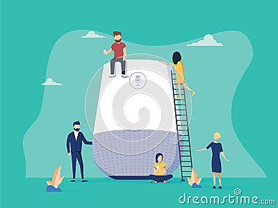 Smart speaker with virtual assistant concept vector illustration of people standing near speaker symbol using smartphone Vector Illustration