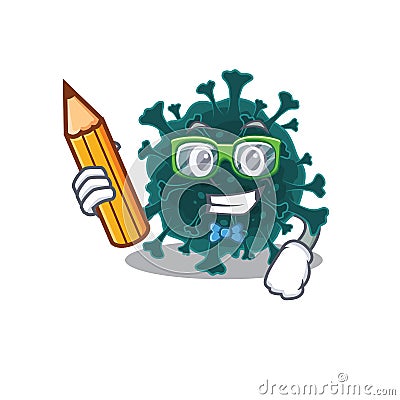 A smart student coronavirus COVID 19 character with a pencil and glasses Vector Illustration