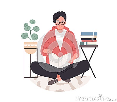 Smart student preparing for exam at home. Young man in eyeglasses studying and reading textbooks. Reader sitting on Vector Illustration