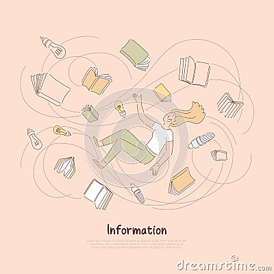 Smart student surrounded with books and light bulbs, exams preparation, learning process, education banner Vector Illustration
