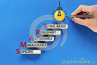 SMART symbol. Concept words SMART specific measurable attainable relevant time-based on block. Beautiful blue background. Business Stock Photo