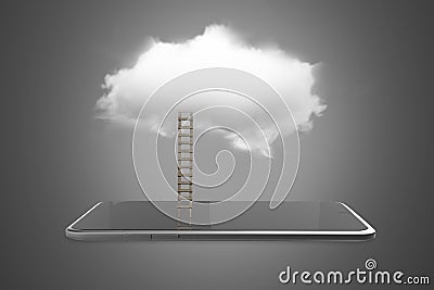 Smart tablet with wooden ladder connected white cloud Stock Photo