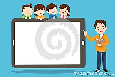 Smart Teacher standing in front of tablet Vector Illustration