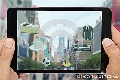 Smart technology in augmented mixed virtual reality in retail combine artificial intelligence mapping in futuristic concept, custo Stock Photo