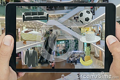 Smart technology in augmented mixed virtual reality in retail combine artificial intelligence mapping in futuristic concept, custo Stock Photo