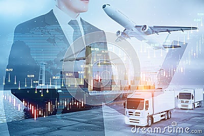 Smart technology and global logistic service concept with double exposure of businessman using laptop, stock market indicators and Stock Photo