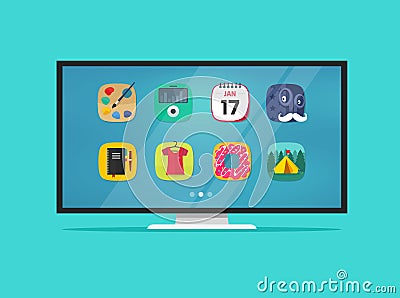 Smart television display vector illustration isolated, cartoon design of flat screen tv with smart technology app icons Vector Illustration