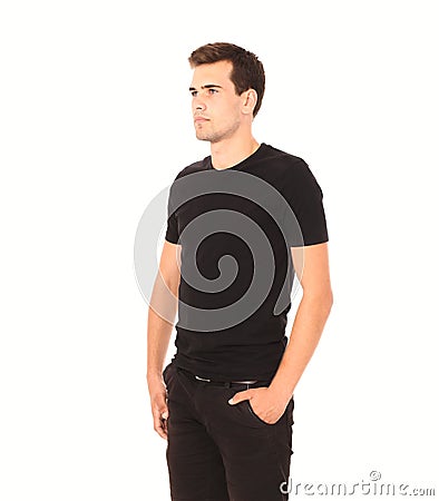 Smart thinking young man in black template blank shirt isolated on white. Copy space. Mock up. Summer t-shirt clothes. Stock Photo