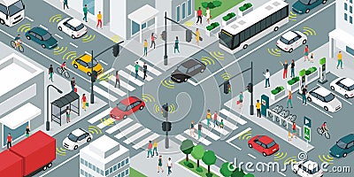 Smart transportation and vehicles moving in the city streets Vector Illustration