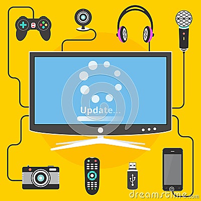 Smart tv with connected digital devices and update loading process Vector Illustration