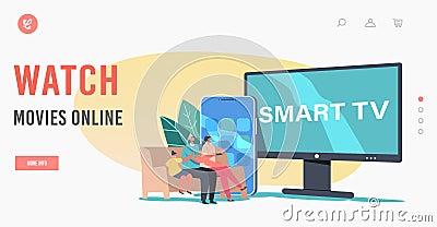 Smart Tv Digital Service Landing Page Template. Tiny Family Sitting on Sofa at Home at Huge Television Set Watch Movie Vector Illustration