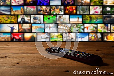 smart tv interactive television - channel collage with remote control Stock Photo