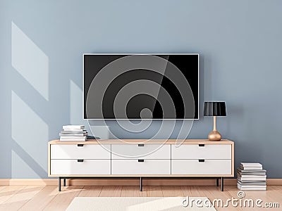 Smart Tv Mockup with blank screen hanging on the wall in modern living room Stock Photo