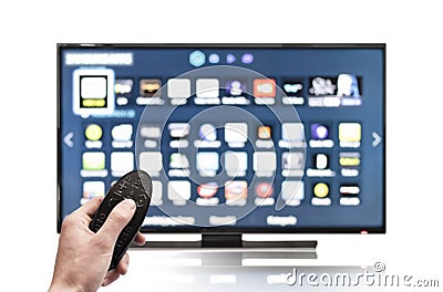 Smart tv UHD 4K controled by remote control. Stock Photo