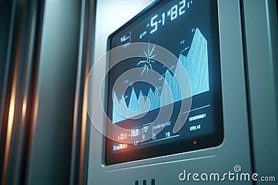 Isolated smart utility meter displaying energy usage data and graphs indoors Stock Photo