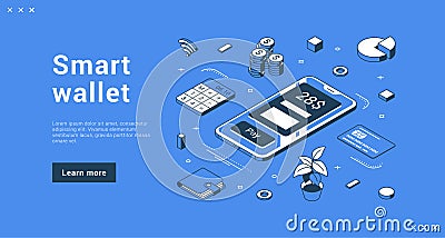 Smart wallet smartphone application internet payment counting finance landing page vector Vector Illustration