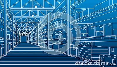 Smart warehouse. Automatic stock storage, modern distribution building Vector Illustration