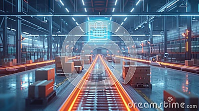 Smart warehouse logistic, Futuristic warehouse setting displaying an efficient conveyor belt system actively transporting Stock Photo