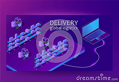 Smart warehouse management system app. Delivery global logistics concept. Isometric vector Vector Illustration