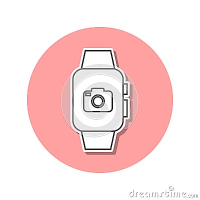 Smart watch with camera sticker icon. Simple thin line, outline vector of web icons for ui and ux, website or mobile application Stock Photo