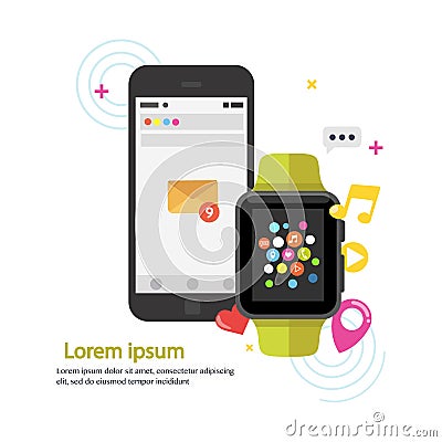 Smart watch device display with app icons and smartphone. Smart watch technology Vector Illustration