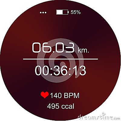 Smart watch displaying time interval, distance, heart rate and burnt calories amount in monitor app Stock Photo