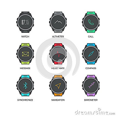 Smart watch functions thin line icons set Vector Illustration