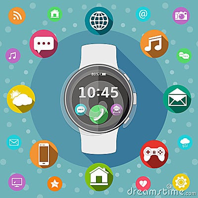 Smart watch with icons flat design Vector Illustration