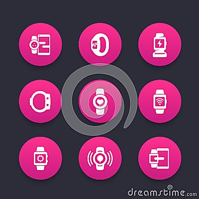 Smart watch icons set, wearable devices, gadgets Vector Illustration