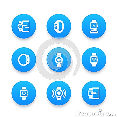 Smart watch icons set, wearable devices, gadgets Vector Illustration