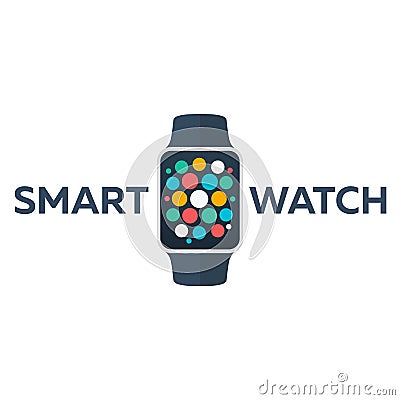 Smart watch isolated on white. Logo. Stainless silver . Vector with app. reflected surface. icon screen. face eps Stock Photo