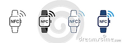 Smart Watch with NFC Technology Line and Silhouette Icon Set. Smartwatch Bracelet Pictogram. Watch for Contactless Vector Illustration