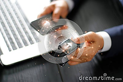 Smart watch and Smart phone data synchronization. Stock Photo