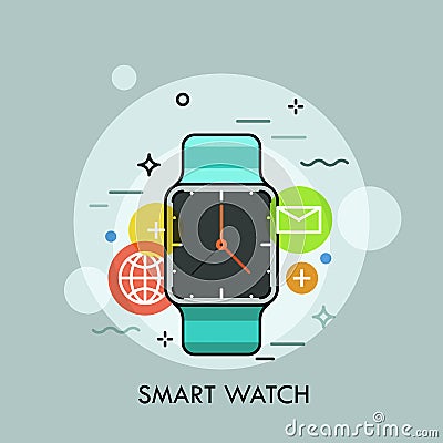 Smart watch surrounded by application icons. Concept of portable multifunctional electronic device and modern accessory. Vector Illustration
