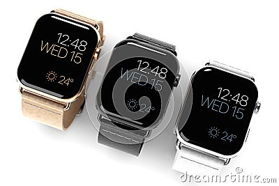 3 smart watches - Apple Watch 4, all colors, angle Editorial Stock Photo