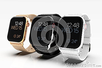 3 smart watches - Apple Watch 4, all colors, on white Editorial Stock Photo