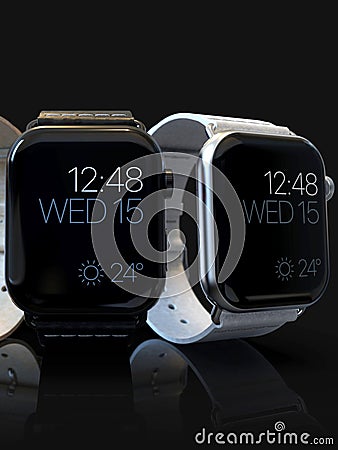 2 smart watches - Apple Watch 4, silver and black, on dark Editorial Stock Photo