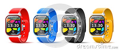 Smart watches straps. Realistic multifunctional bracelets angle view, different colors, athlete digital wristbands Vector Illustration