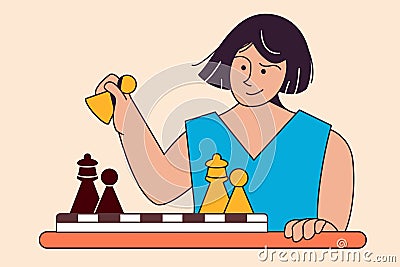 Smart woman chess player holds pawn in hand exposing queen. Royal Gambit. Chess game at table. Vector flat illustration. Banner, Cartoon Illustration