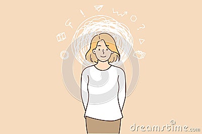 Smart woman with confused thoughts and lines around head symbolizing high intelligence Vector Illustration