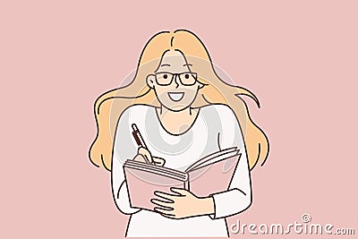 Smart woman student holds pen and notepad writing down lecture or keeping diary with secret desires Vector Illustration