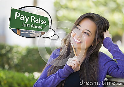 Smart Woman with Thought Bubble of Pay Raise Green Sign Stock Photo