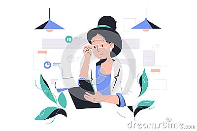Smart woman working with data Cartoon Illustration