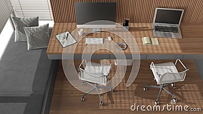 Smart working, gray and wooden corner office, desk with chairs, computers and accessories. Big window with bench with pillow, Stock Photo