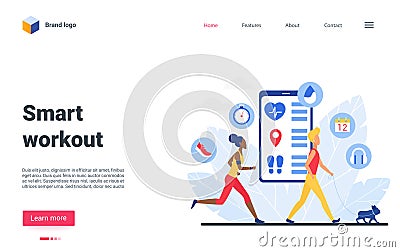 Smart workout landing page, people do sport exercises, use virtual trainer application Vector Illustration