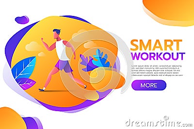 Smart Workout. Young man running or jogging in the park with frame banner Vector Illustration