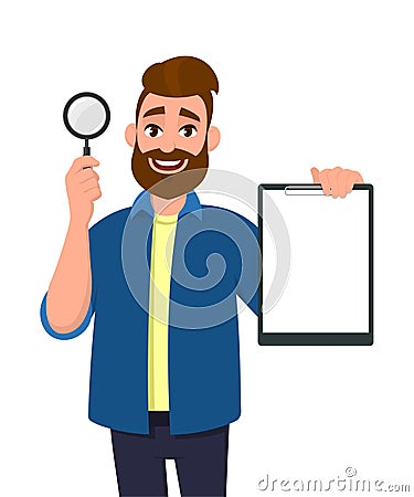 Smart young bearded man showing/holding magnifying glass and blank or empty clipboard/document/report in hand. Search, find. Vector Illustration