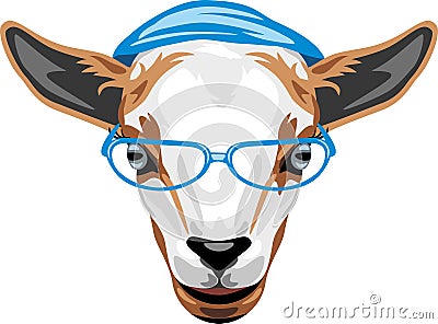 Smart young goat in blue hat and eyeglasses Vector Illustration