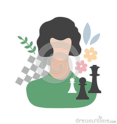Smart young woman with her occupations objects - chess and desk. Vector Illustration